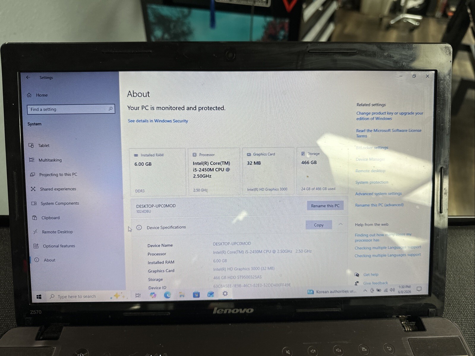 Lenovo IdeaPad Z570 Laptop Intel Core i5-2450M 6GB Ram (damaged) Read