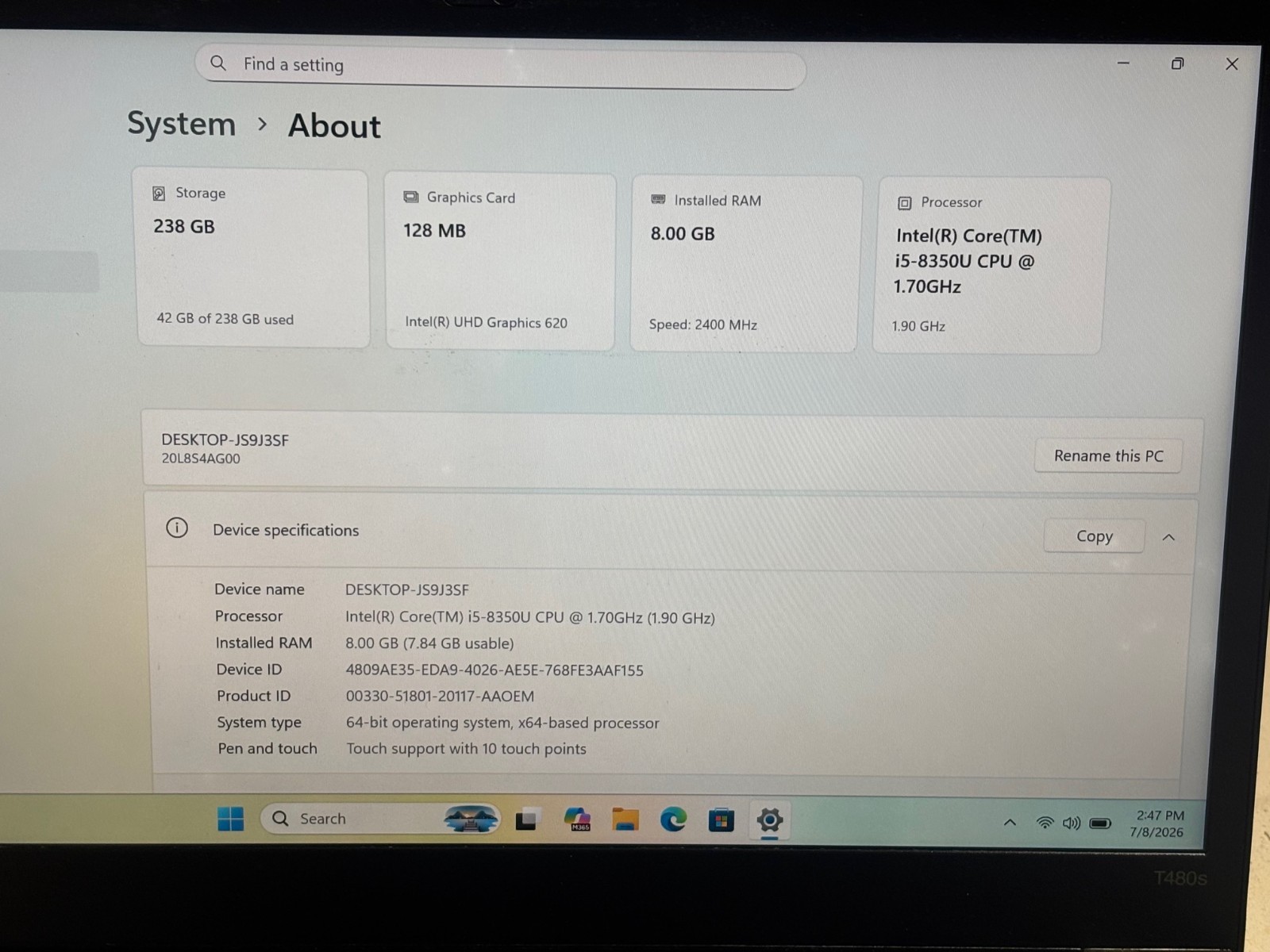 Lenovo Thinkpad T480s Intel i5-8350U, 8GB 256GB SSD Windows 11 Pro Touch Screen