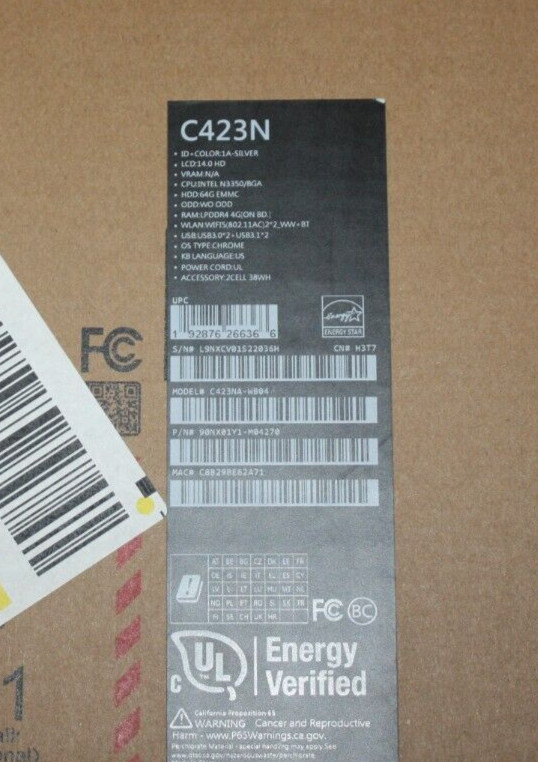 New ASUS C423 Chromebook 14″ Intel Celeron N3350 4GB RAM 64GB eMMC Notebook