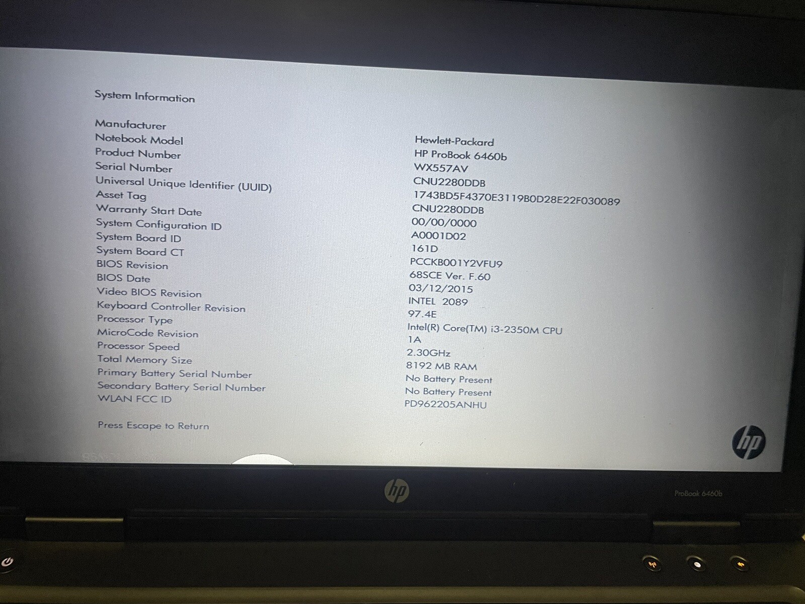 HP ProBook 6460b / Intel Core i3-2350M CPU 2.30GHz