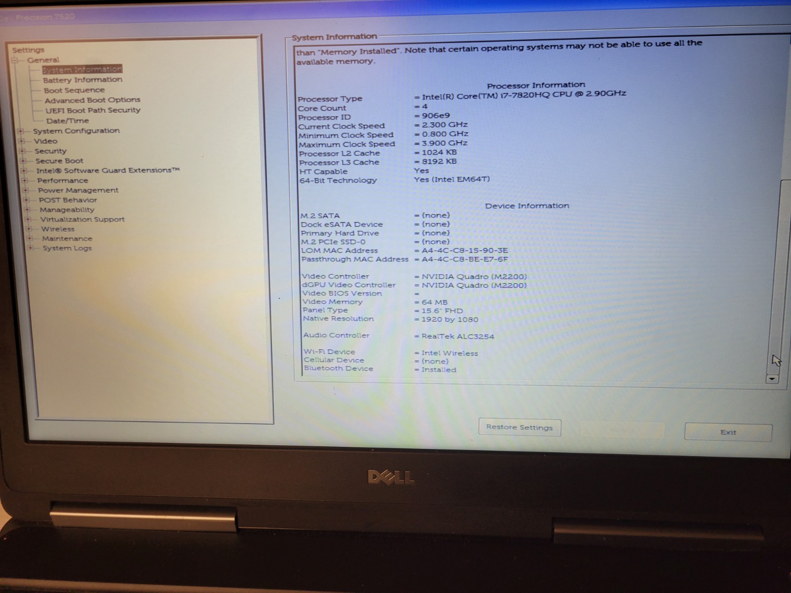 Dell precision 7520 i7-7820HQ NO RAM NO HDD NO CHARGER