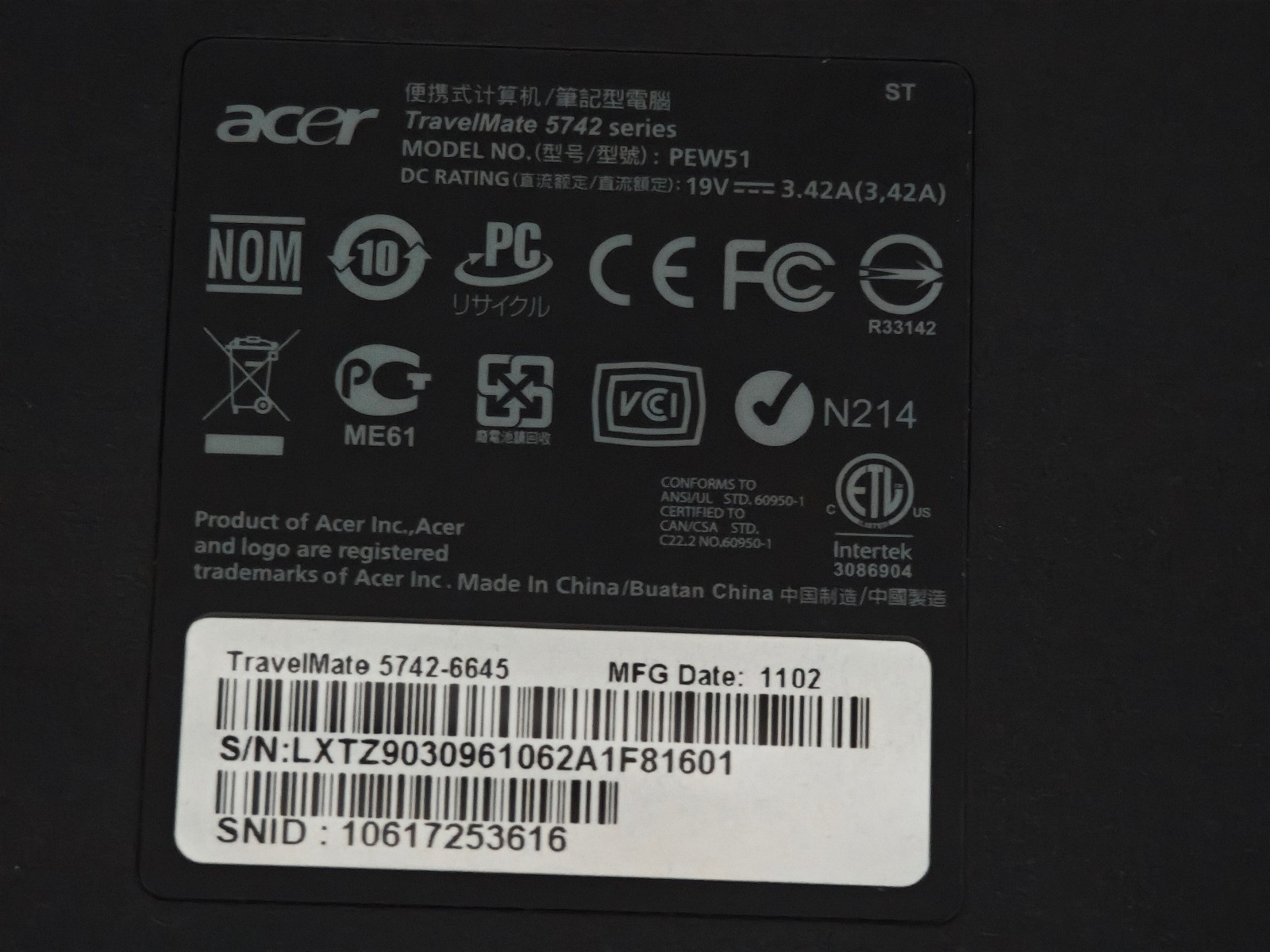 Acer Travelmate 5742-6645 Laptop – 240GB HDD, 4GB RAM, Intel i3 M380