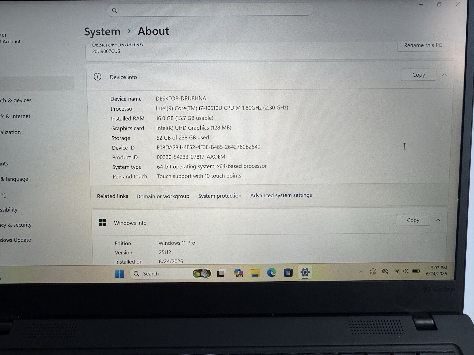 Lenovo ThinkPad X1 Carbon Gen 8 14 FHD i7-10610U 16GB 256GB SSD FHD Touch WIN11P