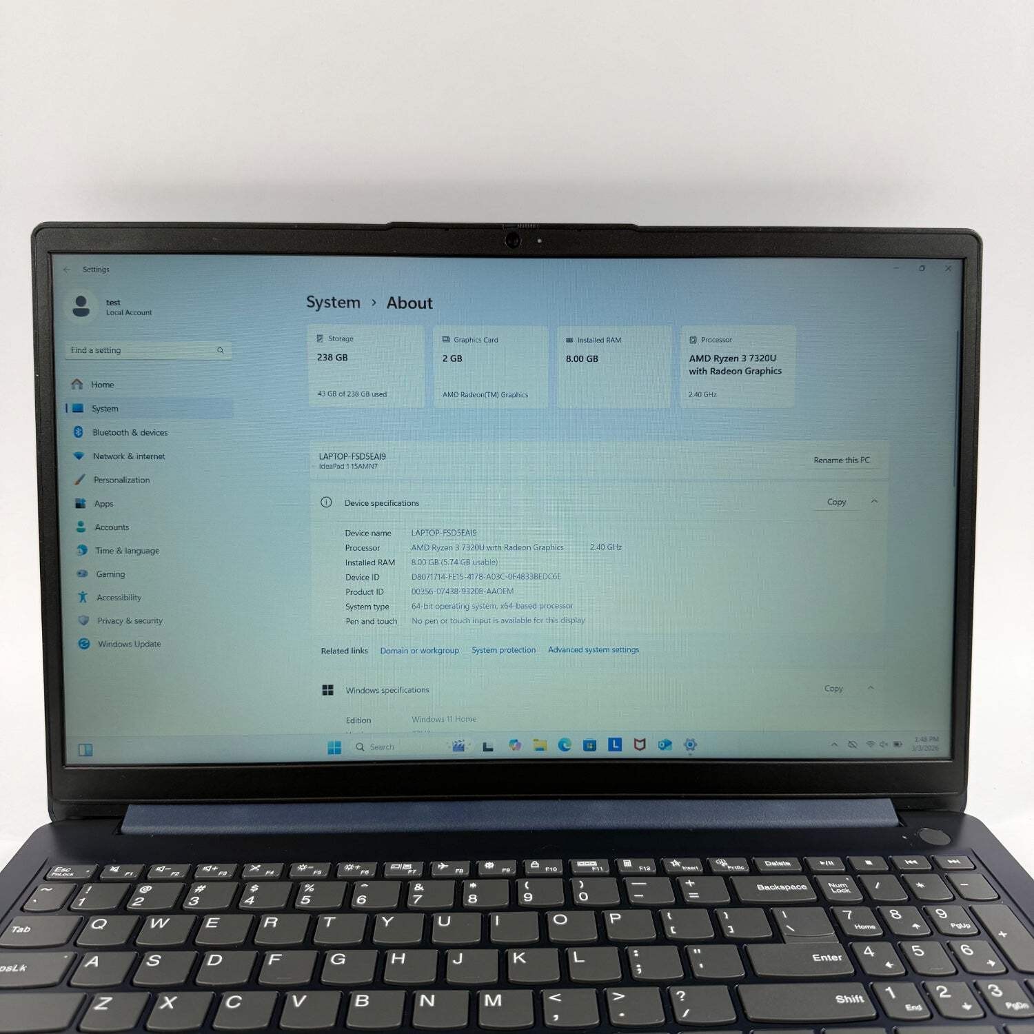 Broken Lenovo IdeaPad 15.6″ Ryzen 3 7320U 2.4GHz 8GB RAM 256GB SSD Bad Keyboard