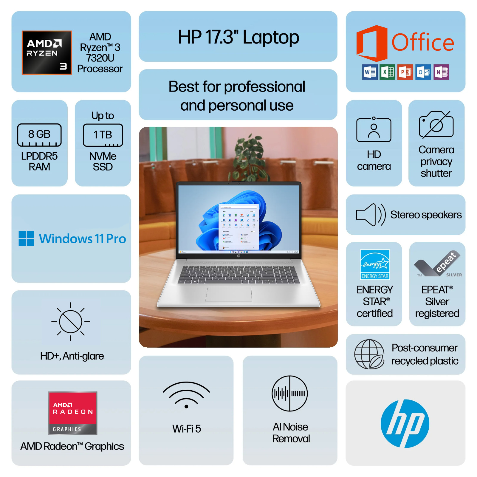 HP Laptop Computer HD+ 17.3″ Office 4-Core Ryzen 3 7320U 8GB RAM & Up to 1TB SSD