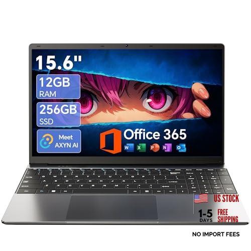 15.6 Inch Laptop with Office 365, 12GB RAM 256GB SSD, Quad-Core Black