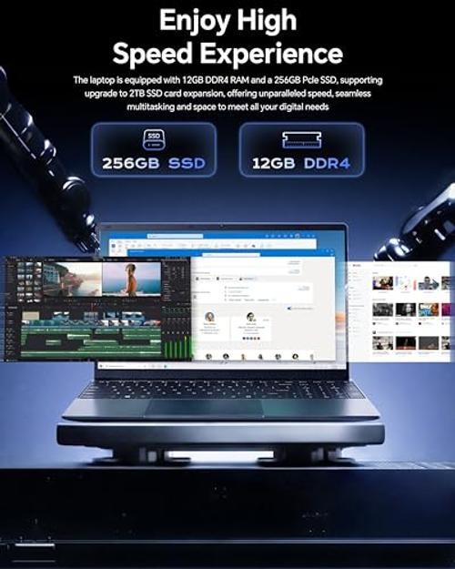 15.6 Inch Laptop with Office 365, 12GB RAM 256GB SSD, Quad-Core Black