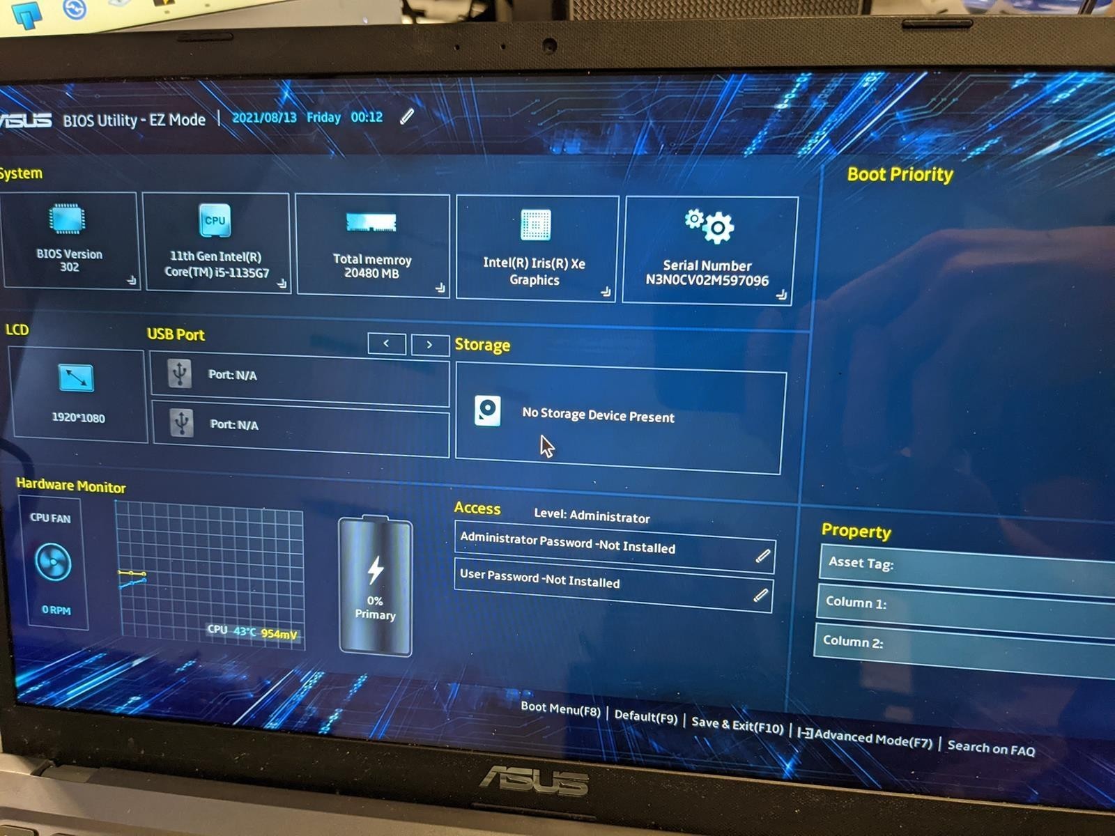 ASUS VIVOBOOK R565E i5-1135G7 @ 2.40GHz, 20GB RAM, NO HDD/OS