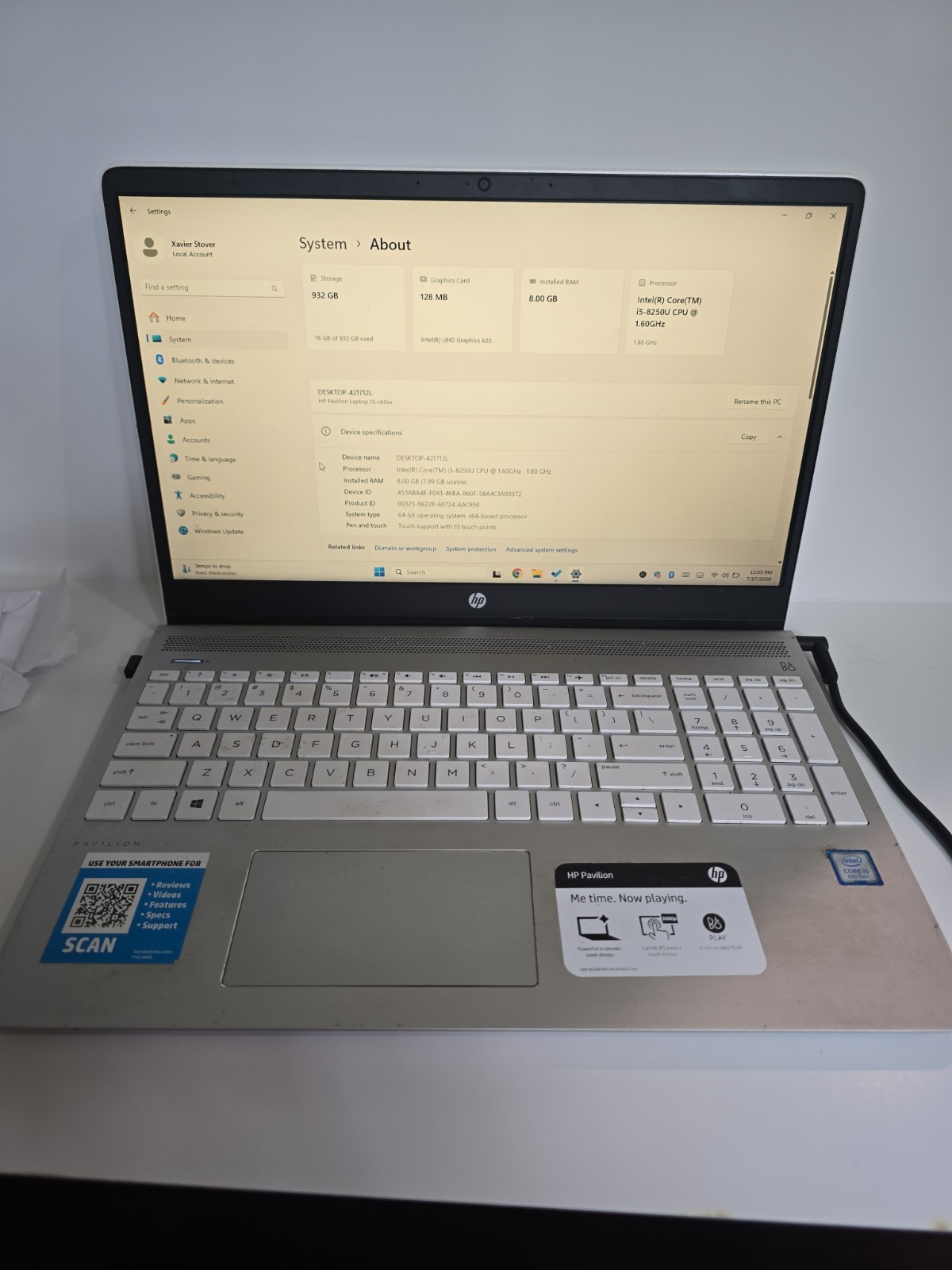 HP Pavilion 15-3168NGW 15.6″ i5-8250U 1.60 GHz 8 GB RAM See Pictures