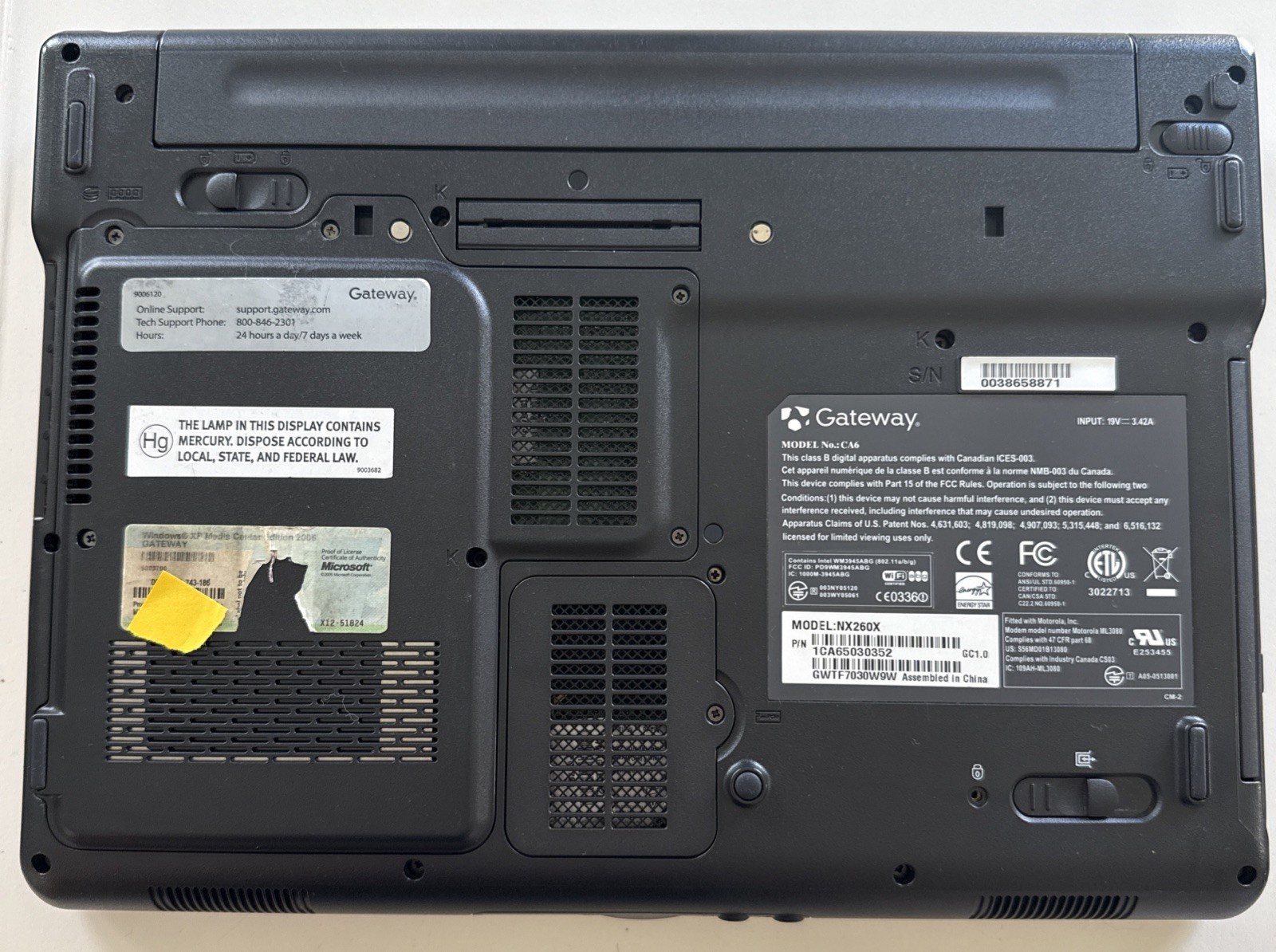 GATEWAY NX260X + Battery. Memory DDR2 256, no HDD, no Power Adapter. AS IS