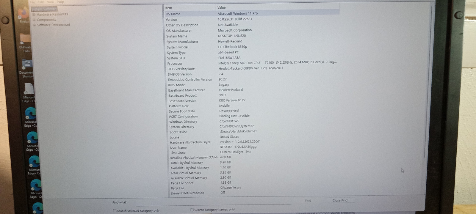 HP Elitebook 8530P, CPU Intel T9400 2.3 GHZ, 480 SSD, 4 GB RAM, Win. 11 Pro