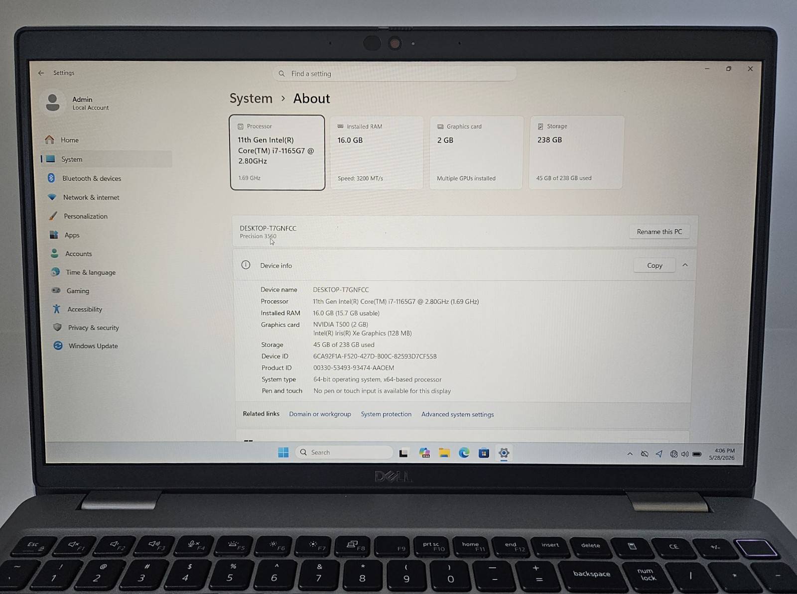 Dell Precision 3560 Core i7-1165G7 2.8GHz 256GB NVMe 16GB 15.6 Win 11 Pro Webcam