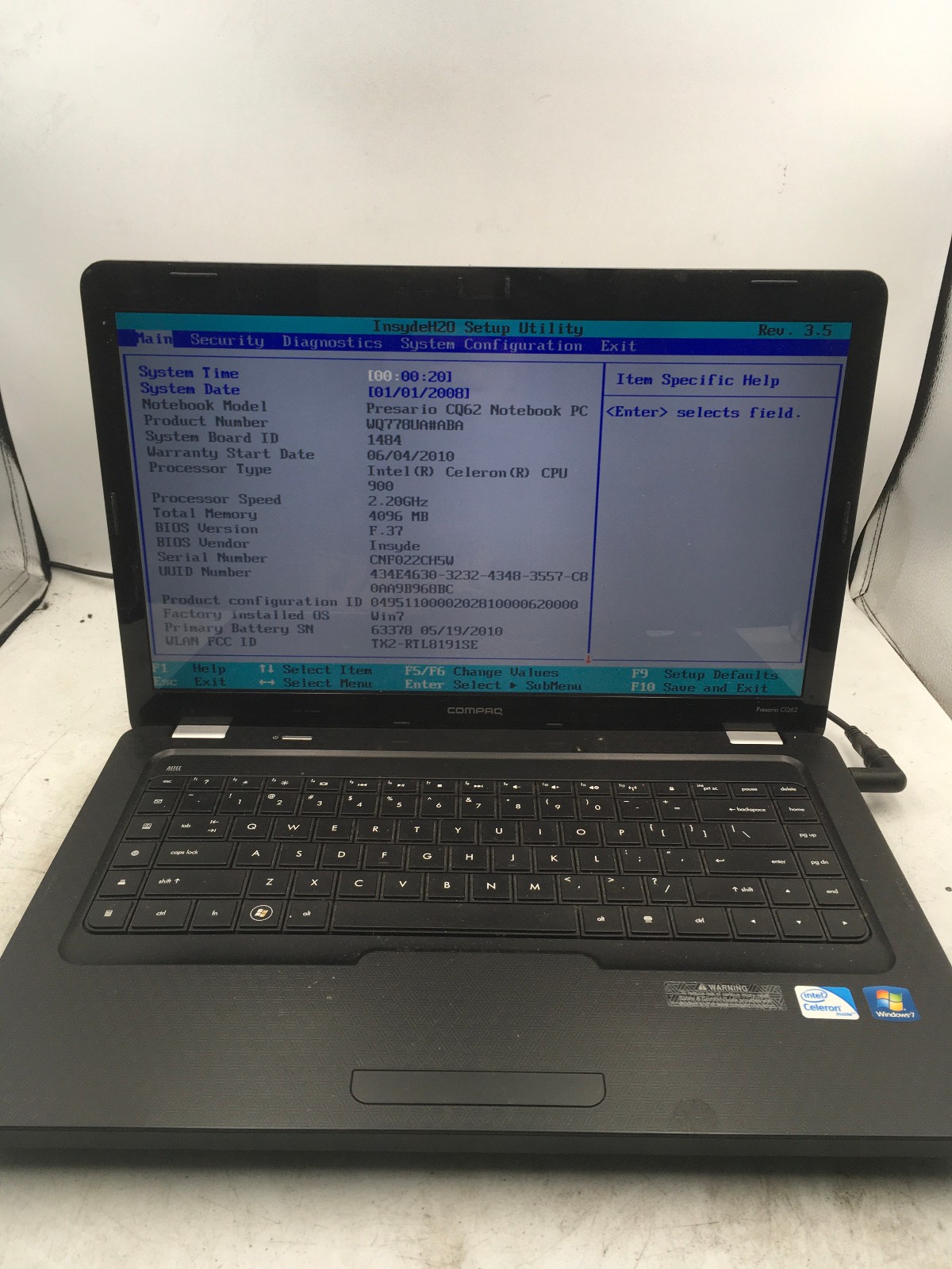 COMPAQ PRESARIO CQ62 – BOOTS TO BIOS – INTEL CELERON – 4GB RAM – READ DESC – BB