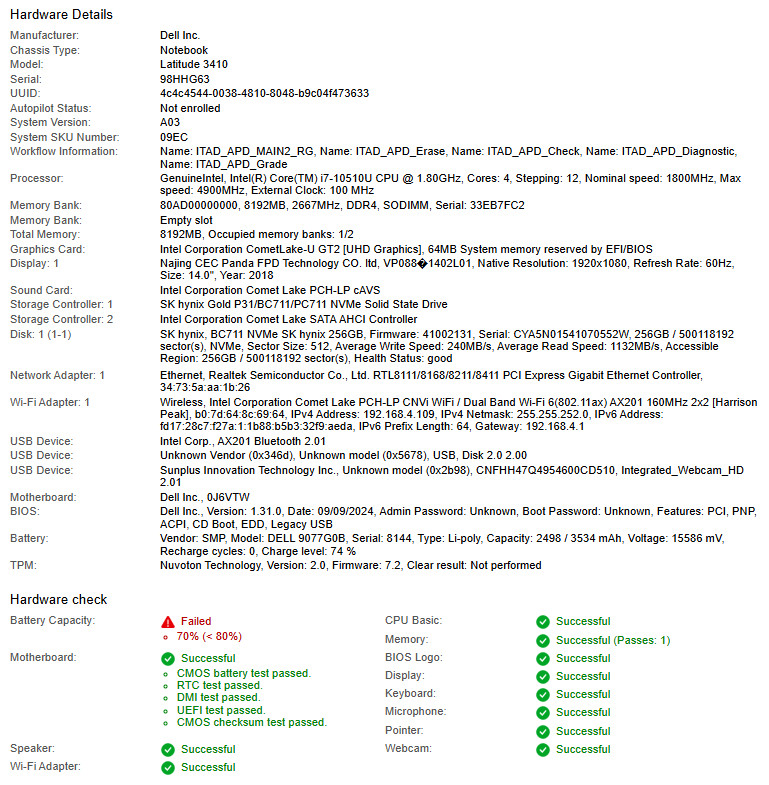 Dell Latitude 3410, i7-10510U CPU, @ 1.80GHz, 8GB RAM, 256GB NVMe-No OS/Charger