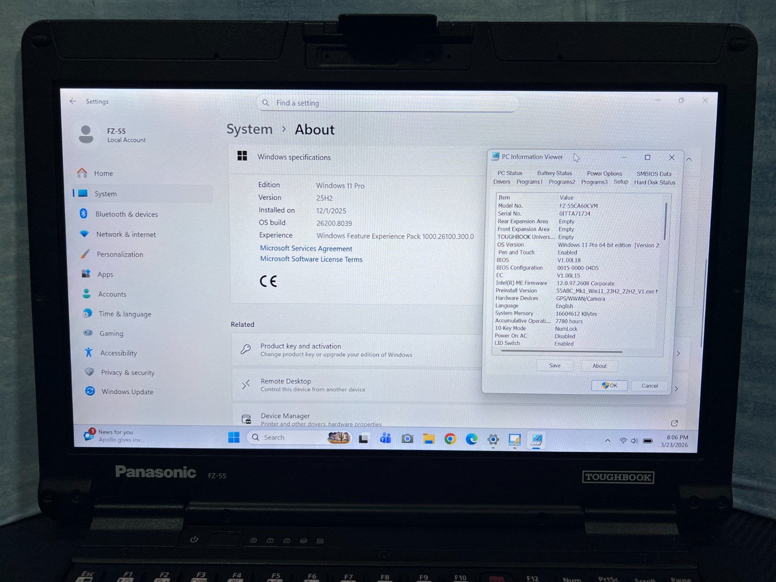 FZ-55CA60CVM, Intel core i7-8665U,512GB SSD,16GB Mem, Touch, HDMI, 4G LTE, GPS,