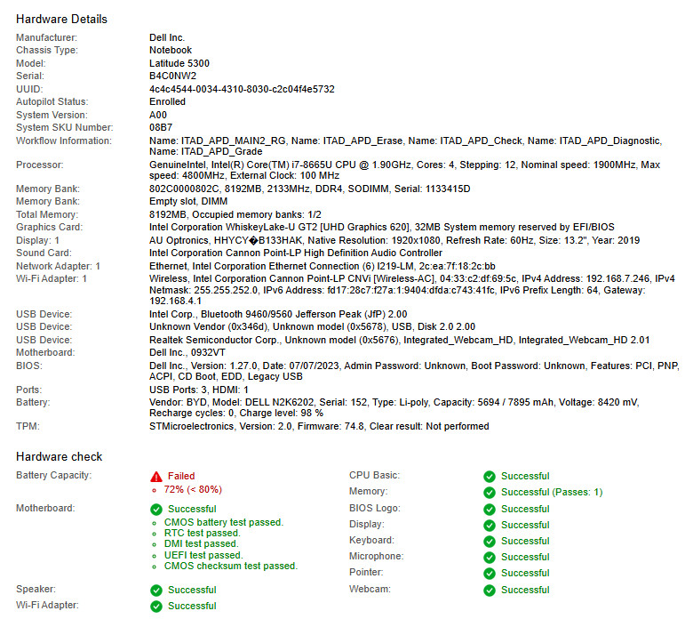 Dell Latitude 5300, i7-8665U CPU, @ 1.90GHz, 8GB RAM-No HDD/OS/Adapter