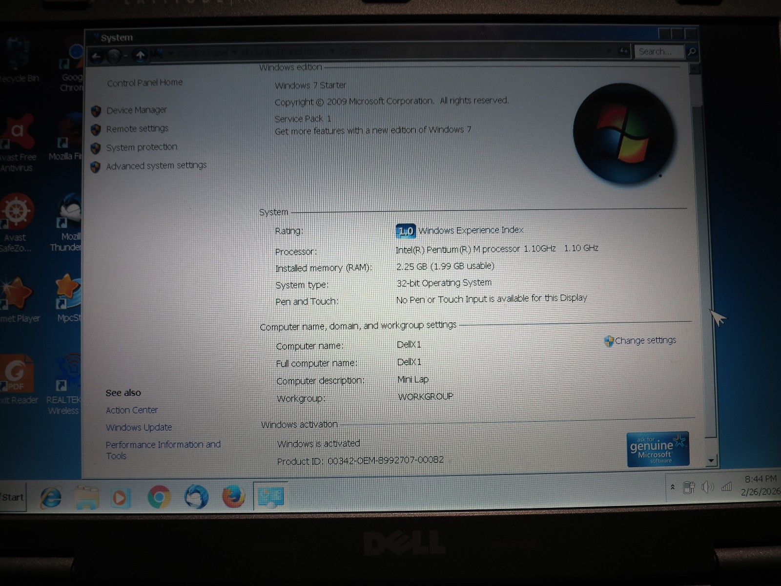 Dell Latitude X1 1.1Ghz Pentium M 1.25GB Ram 30GB HDD Windows 7