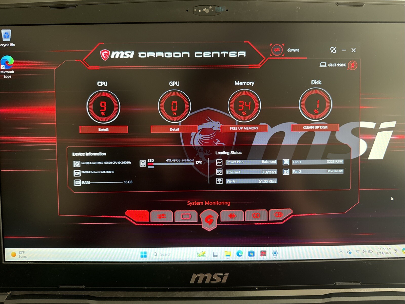 MSI GL63 9SDK-614 15.6″(512GB NVMe SSD + 175GB HDD, i7-9750H 2.6GHz, GTX 1660TI)
