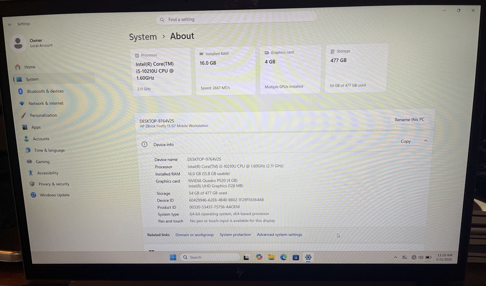 HP Z Book Firefly 15 G7 15″ i5-10210U@1.6GHz, 16GB RAM, 512 GB M2, W11P *READ*
