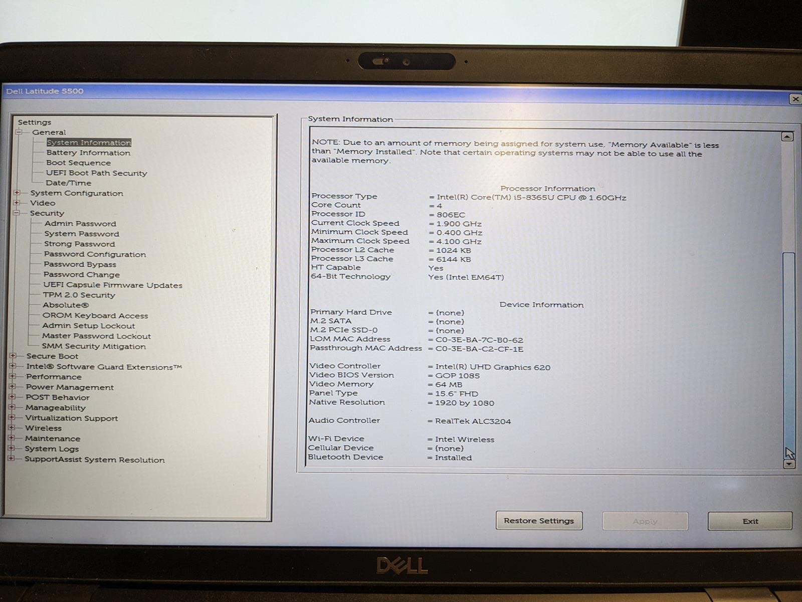 DELL LATITUDE 5500 i5-8365U @ 1.60GHz, 16GB RAM, NO HDD/OS – (FOR PARTS)