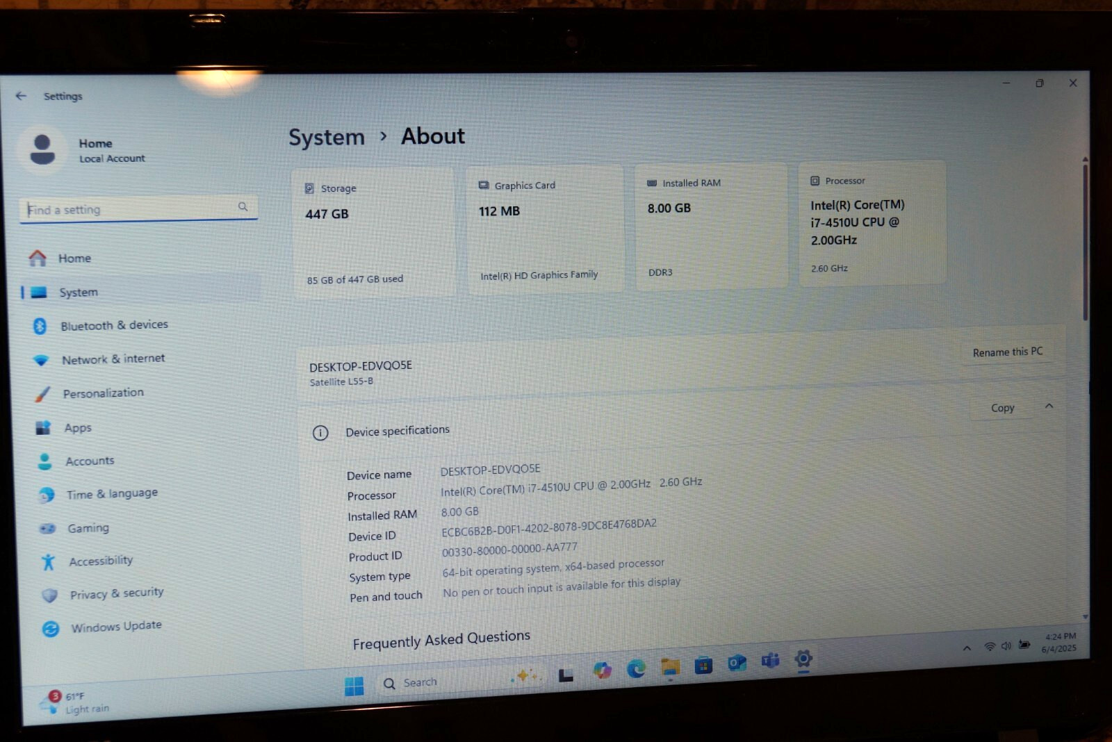 Active Latest 25H2 WIN 11PRO Toshiba L55-B5288 Gen4 i7@2.00GHz 8GB RAM 480GB SSD