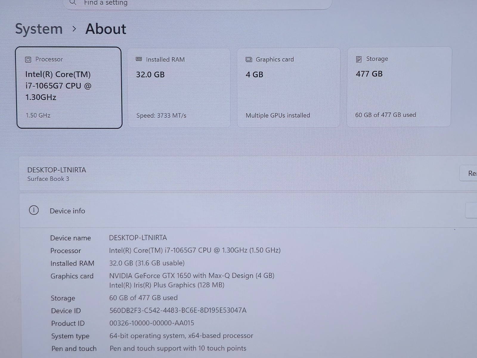 Surface Book 3 13.5″ (1900) Core i7-1065G7, 32GB RAM 512 GB SSD Nvidia GTX 1650