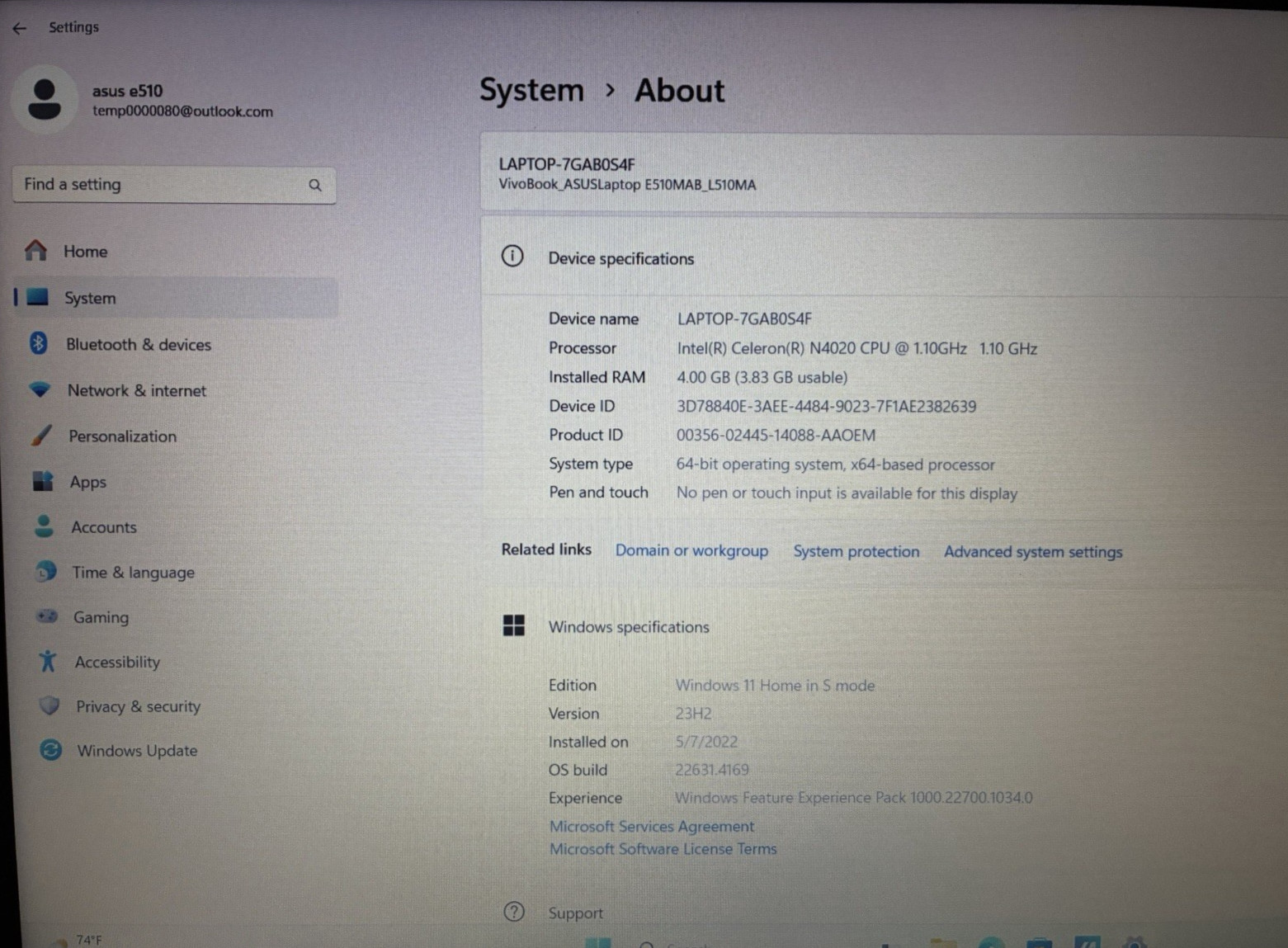 Asus VivoBook E510MAB_L510MA 15.6″ 4 GB RAM 128GB
