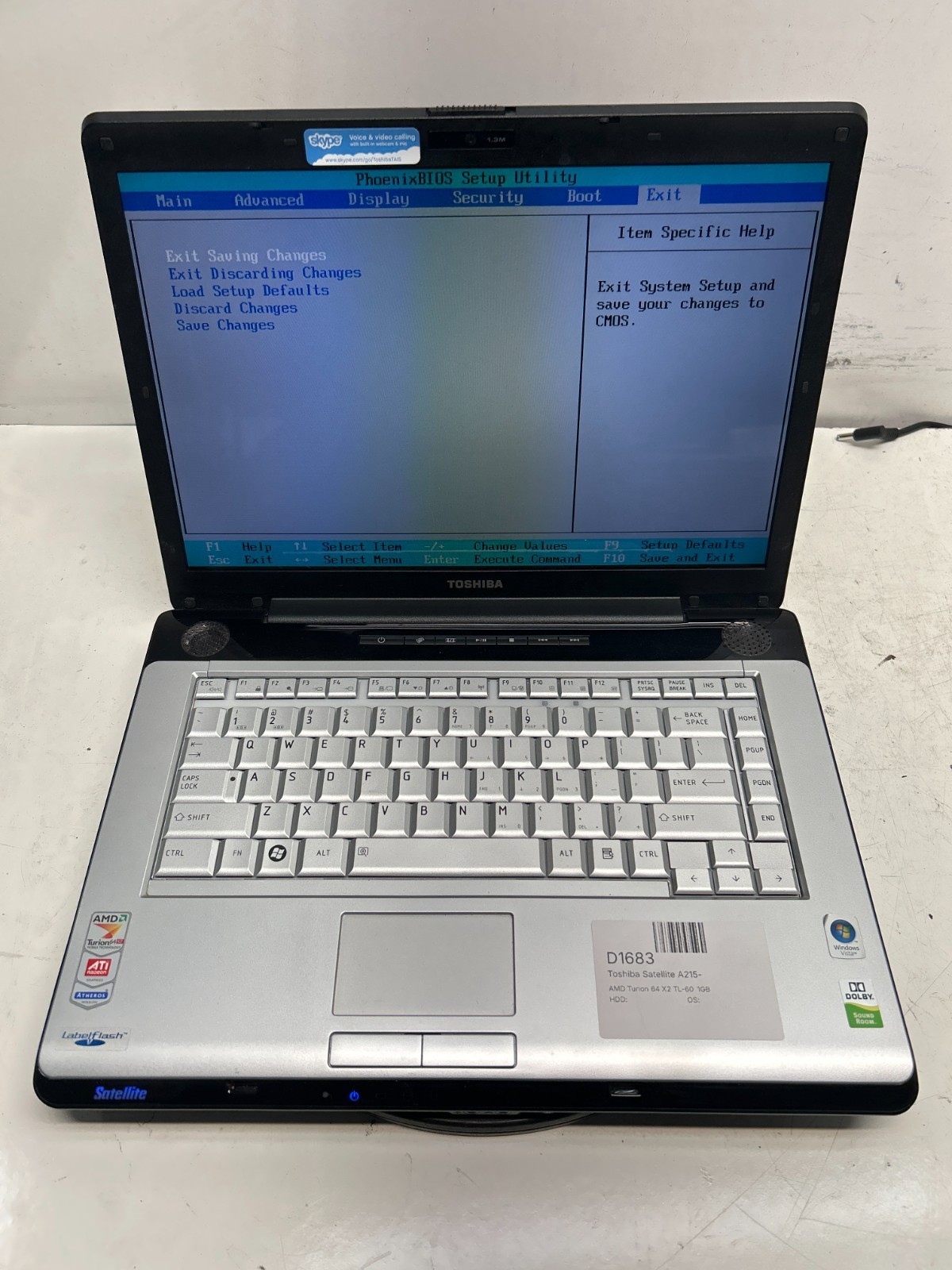 Toshiba Satellite A215-S6804 AMD Turion 64 X2 TL-60 2 x 2 GHz 1GB No HDD