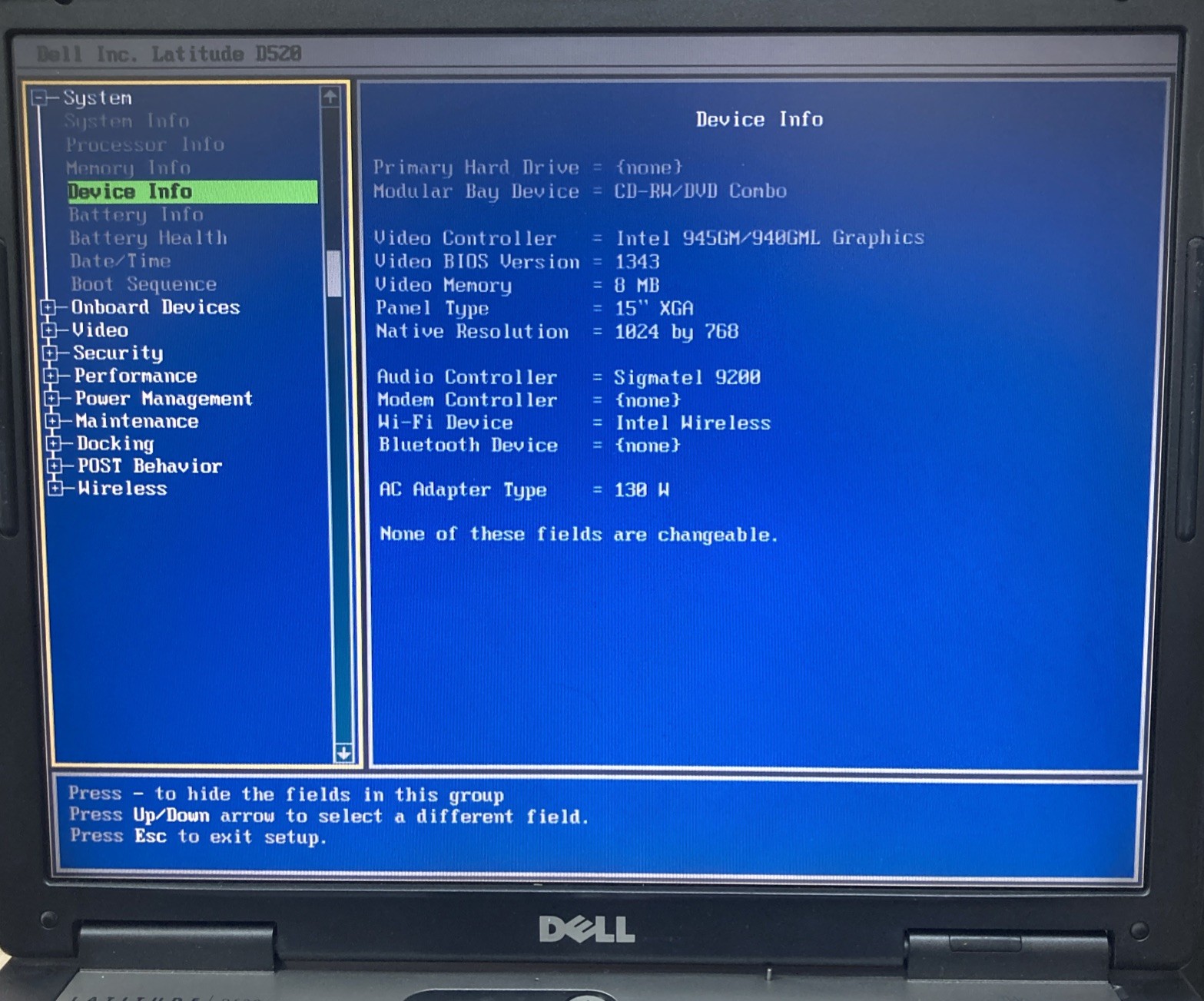 Dell Latitue D520 Intel Core Duo 1.66 GHz 1GB RAM NO HDD/OS Boot to BIOS