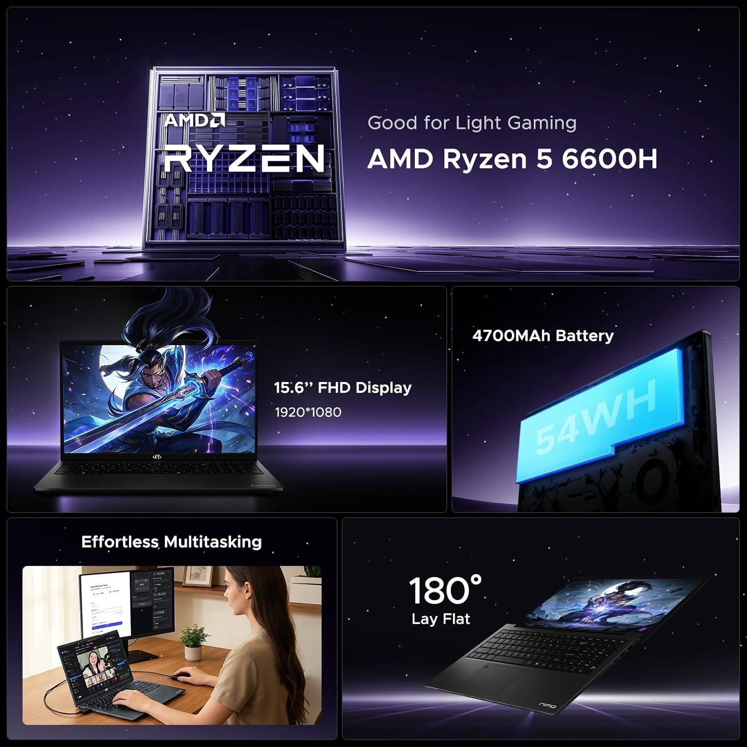 NIMO 15.6″ IPS FHD Gaming Laptop AMD Ryzen 5 6600H 16GB DDR5 RAM 256GB SSD