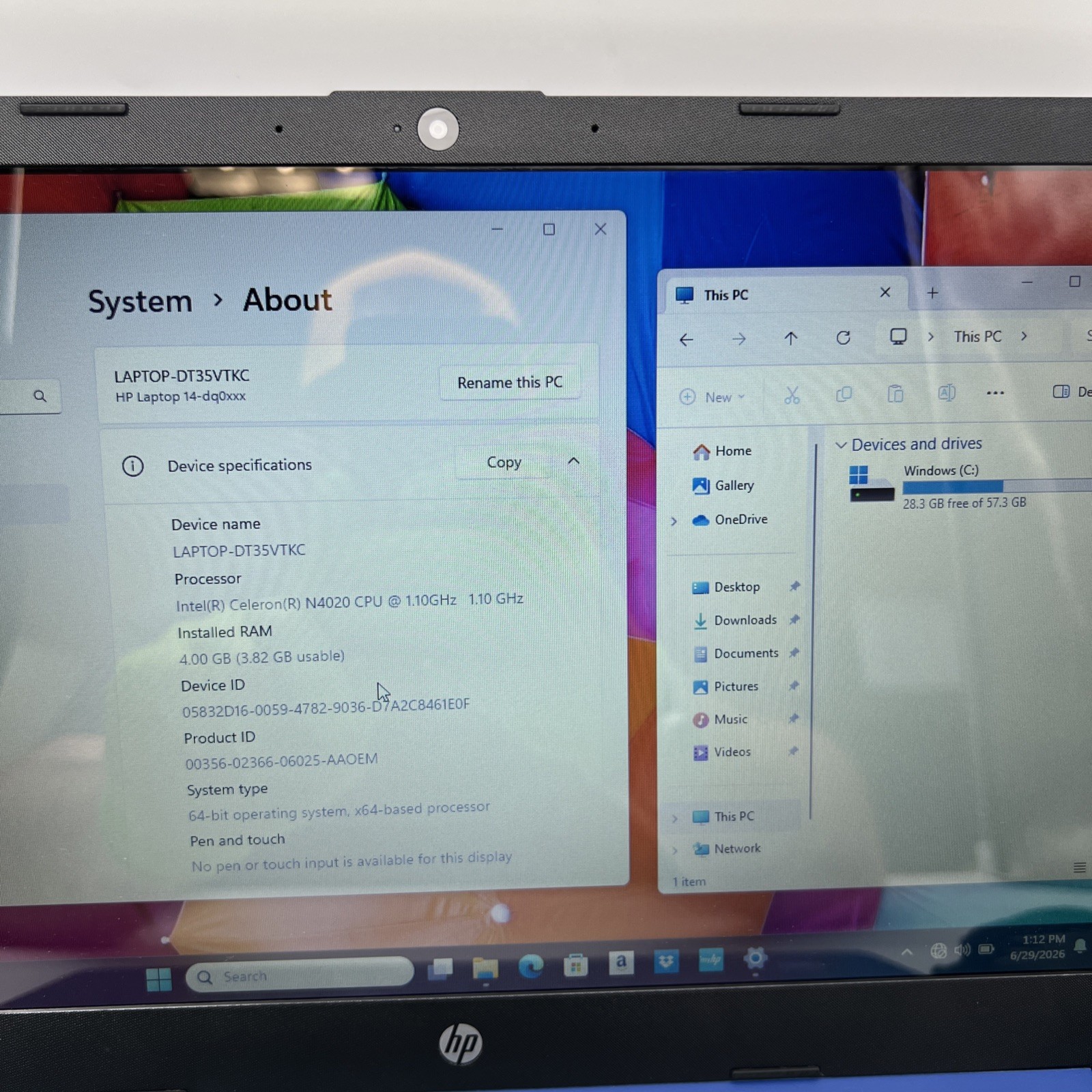 HP Laptop 14-DQ0005DX 14″ HD INTEL CELERON N4020 1.10GHz 4GB RAM 64GB SSD USED