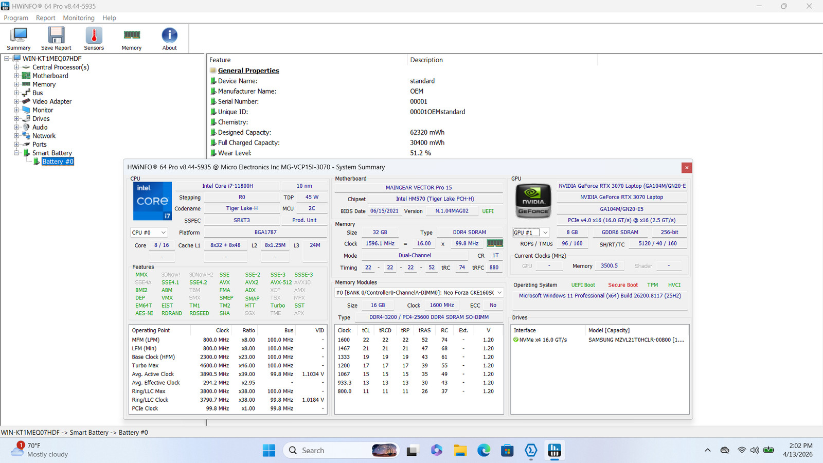 MAINGEAR Vector Pro 15″ FHD I7-11800H 1TB SSD 32GB W11P RTX 3070 240Hz *READ*