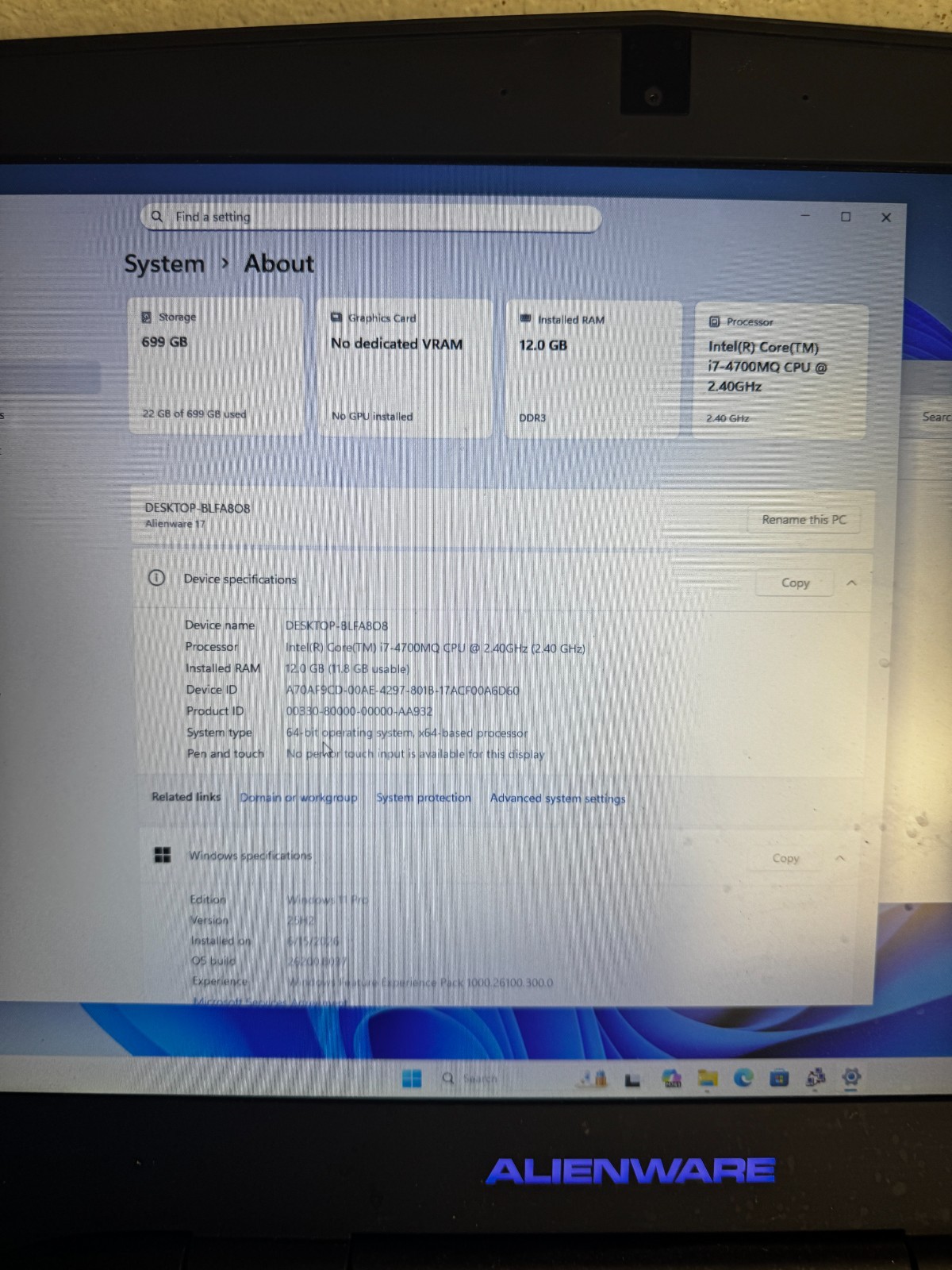Alienware 17 Core I7-4700MQ 700GB SSD 12GB RAM Laptop *READ #6313