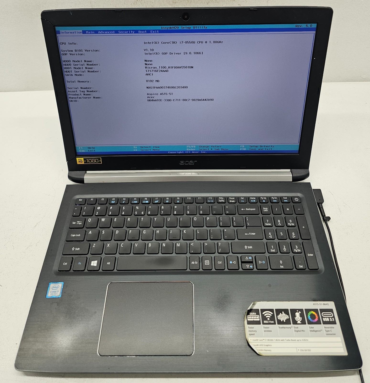 Acer Aspire 5 A515-51-86AQ Laptop Intel Core i5-8550U 8GB Ram 256GB NO OS (FL)