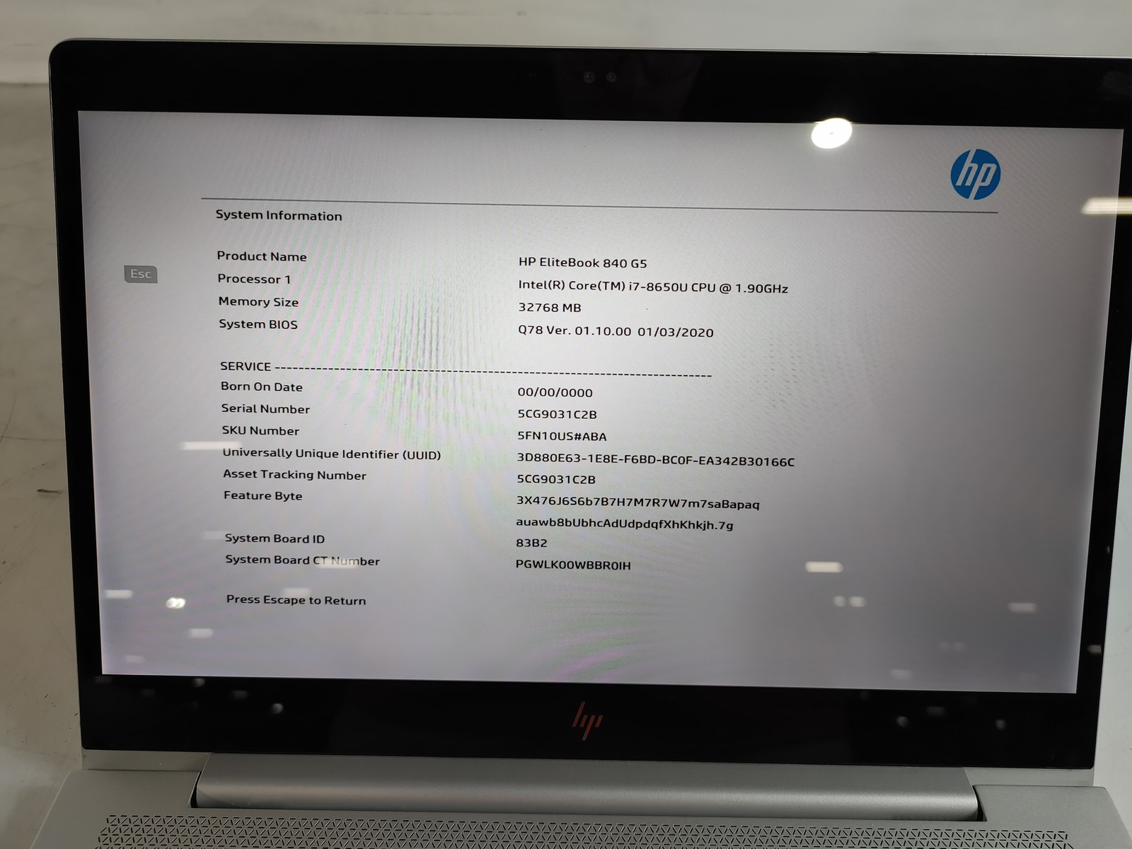 HP EliteBook 840 G5 Core i7-8650U 1.90 GHz 32 GB DDR4 No HDD