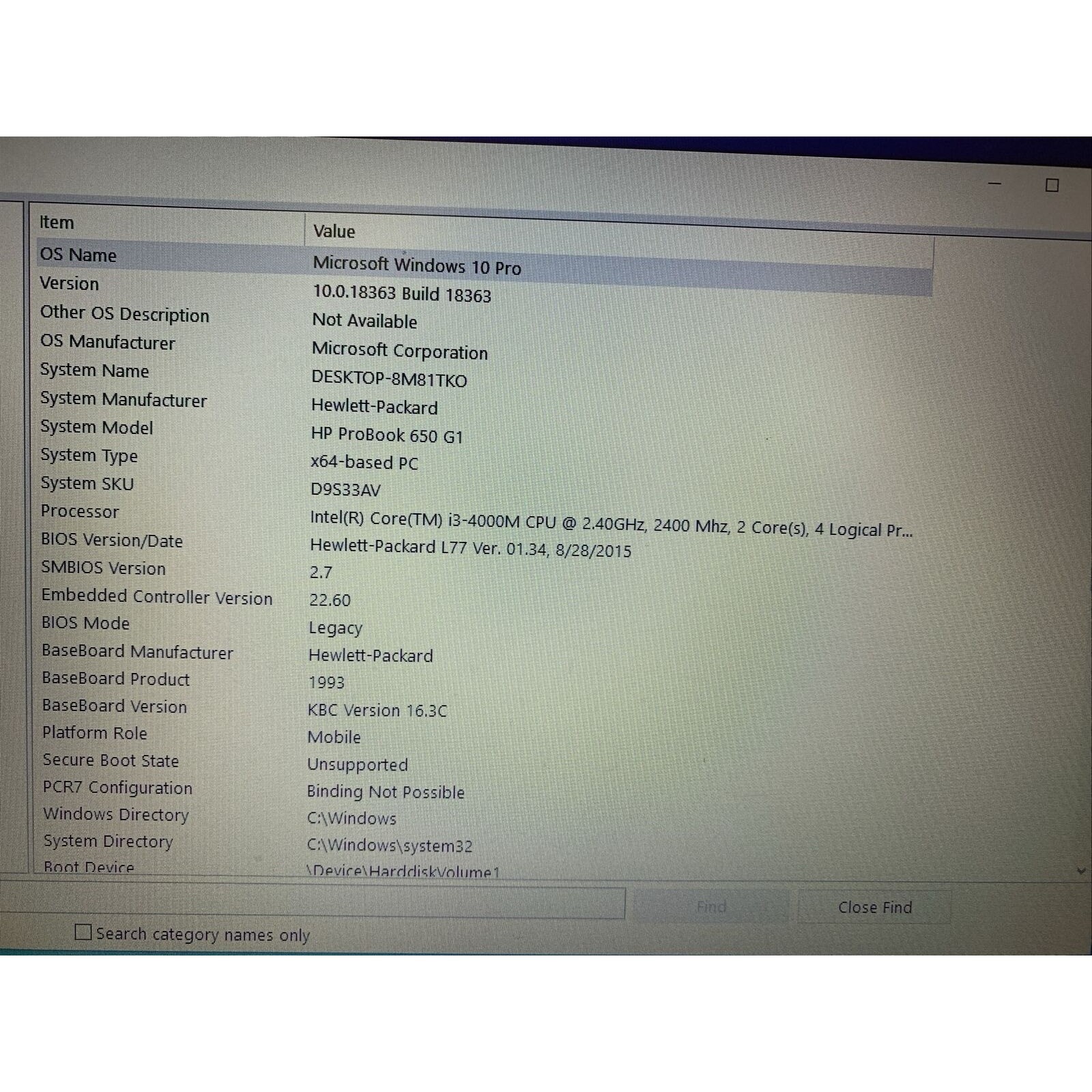 HP ProBook 650 G1 15.6 in 320GB HDD, Intel Core i3 4000M, 2.40 GHz, 8GB RAM