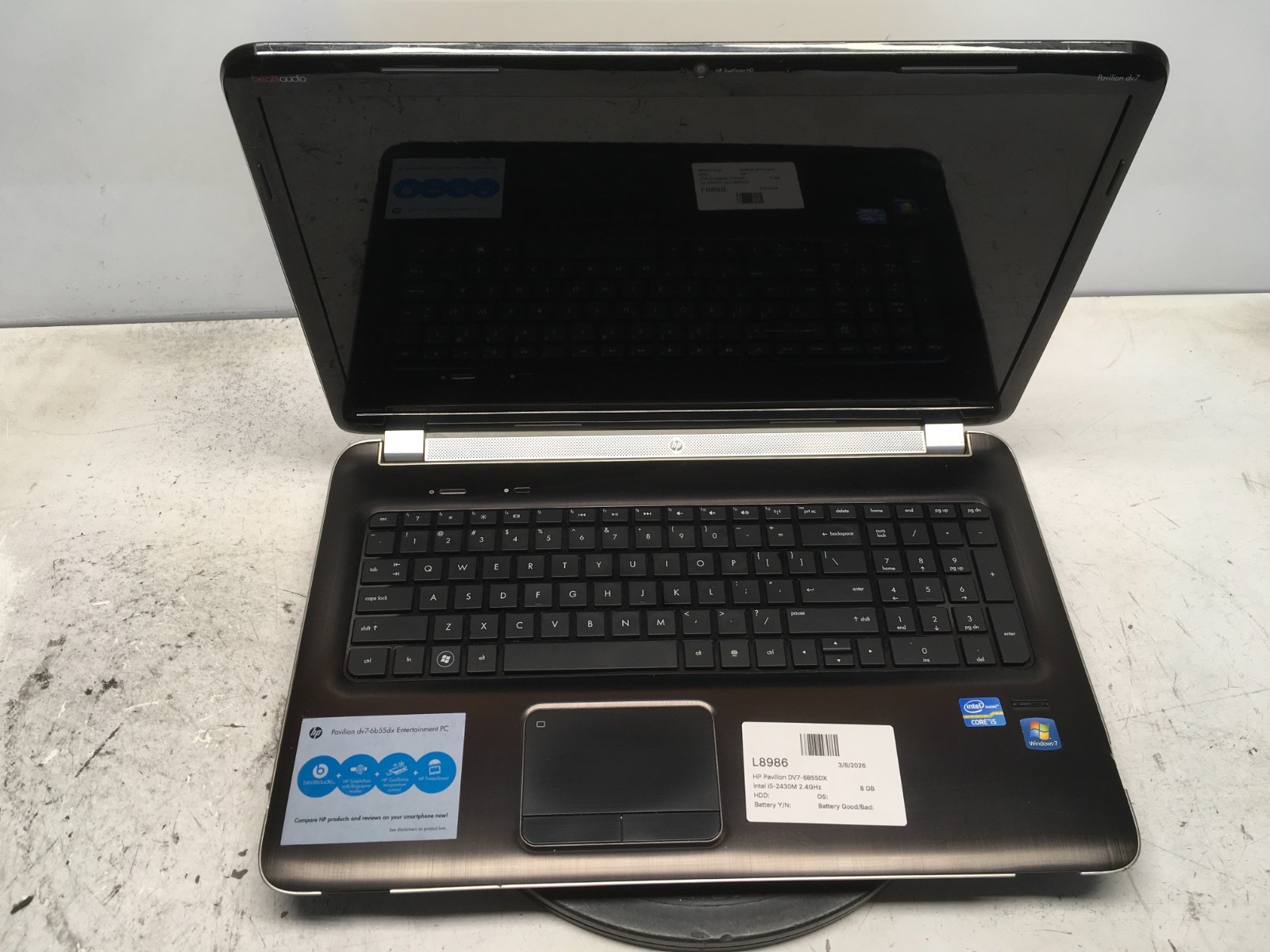 HP Pavilion DV7-6B55DX Intel i5-2430M 2.4GHz 8 GB NO HDD