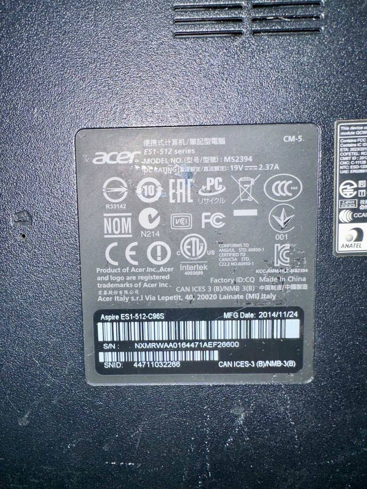 ACER ES1-512 MS2394 Intel Celeron N2840 @ 2.16Ghz, 4GB Ram, 500GB HDD W Charger
