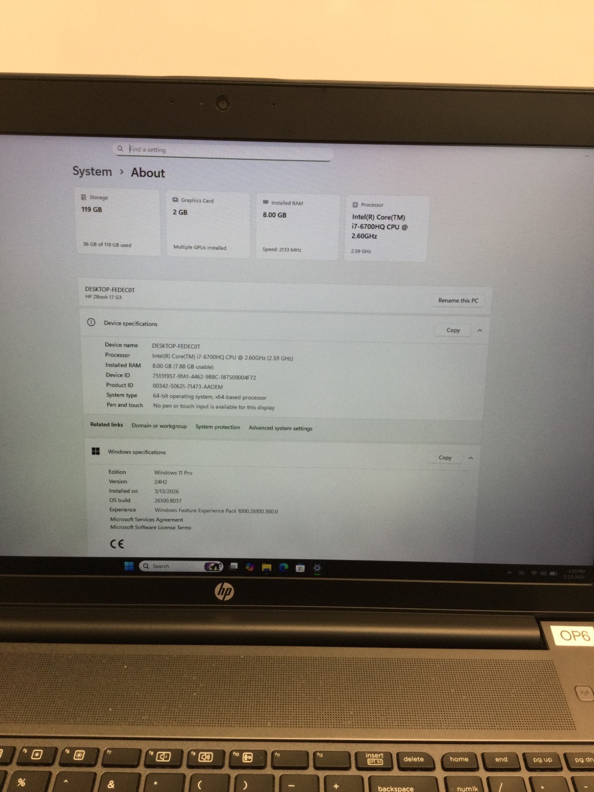 HP ZBook 17 G3 core i7 6th gen 2.60ghz 128GB SSD 8GB RAM 17.3” WIN 11 PRO