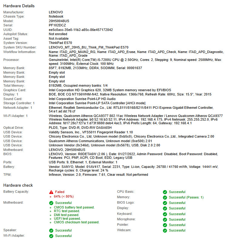 Lenovo ThinkPad E570, i5-7200U CPU, @ 2.50GHz, 8GB RAM-No HDD/OS/Charger