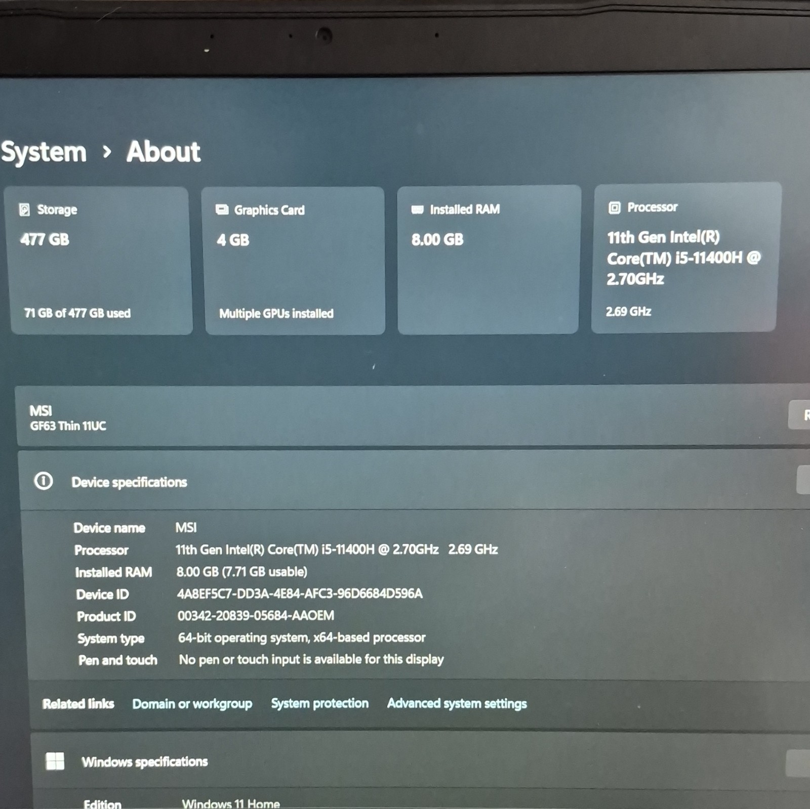 MSI GF63 Thin 11UC 15.6in FHD i5-11400H RTX 8GB 477GB SSD Win 11