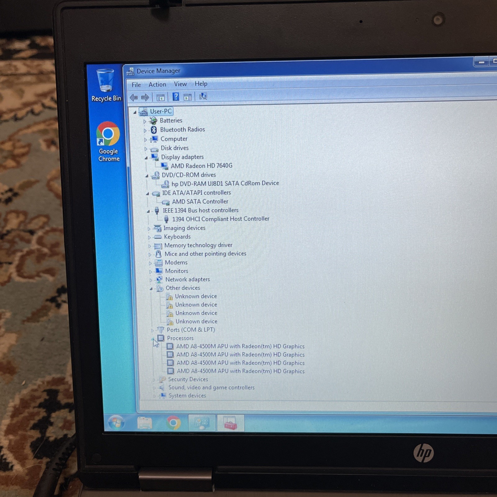 HP ProBook 6475b 14” Windows 7 Laptop AMD A8, 4gb, 120gb SSD, DVD, No Battery