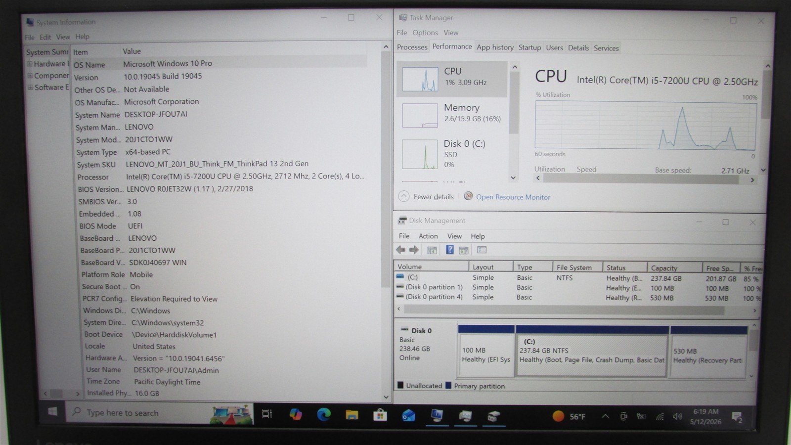 Lenovo Thinkpad 13 i5-7200U 2.5GHz 16GB RAM 250GB m.2 13″ Win10 Pro Touch NO BAT