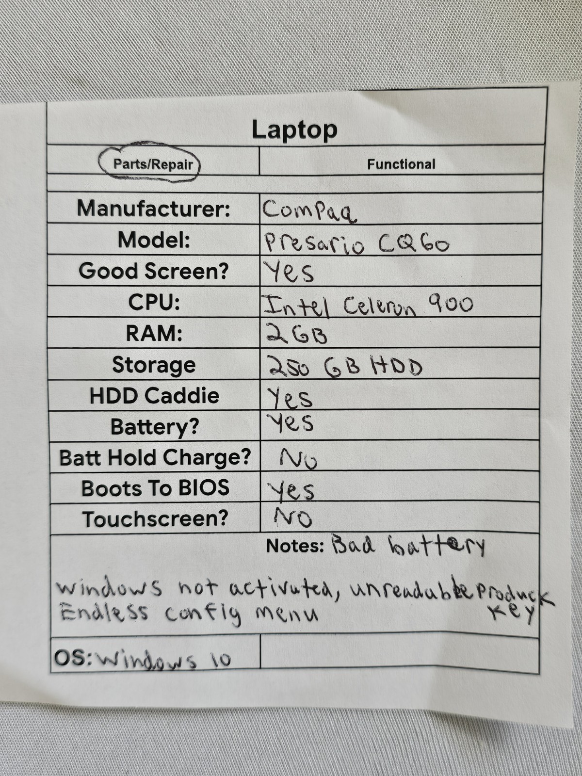 Compaq Presario CQ60 Laptop – Intel Celeron 900 – 2GB RAM – Parts/Repair – READ