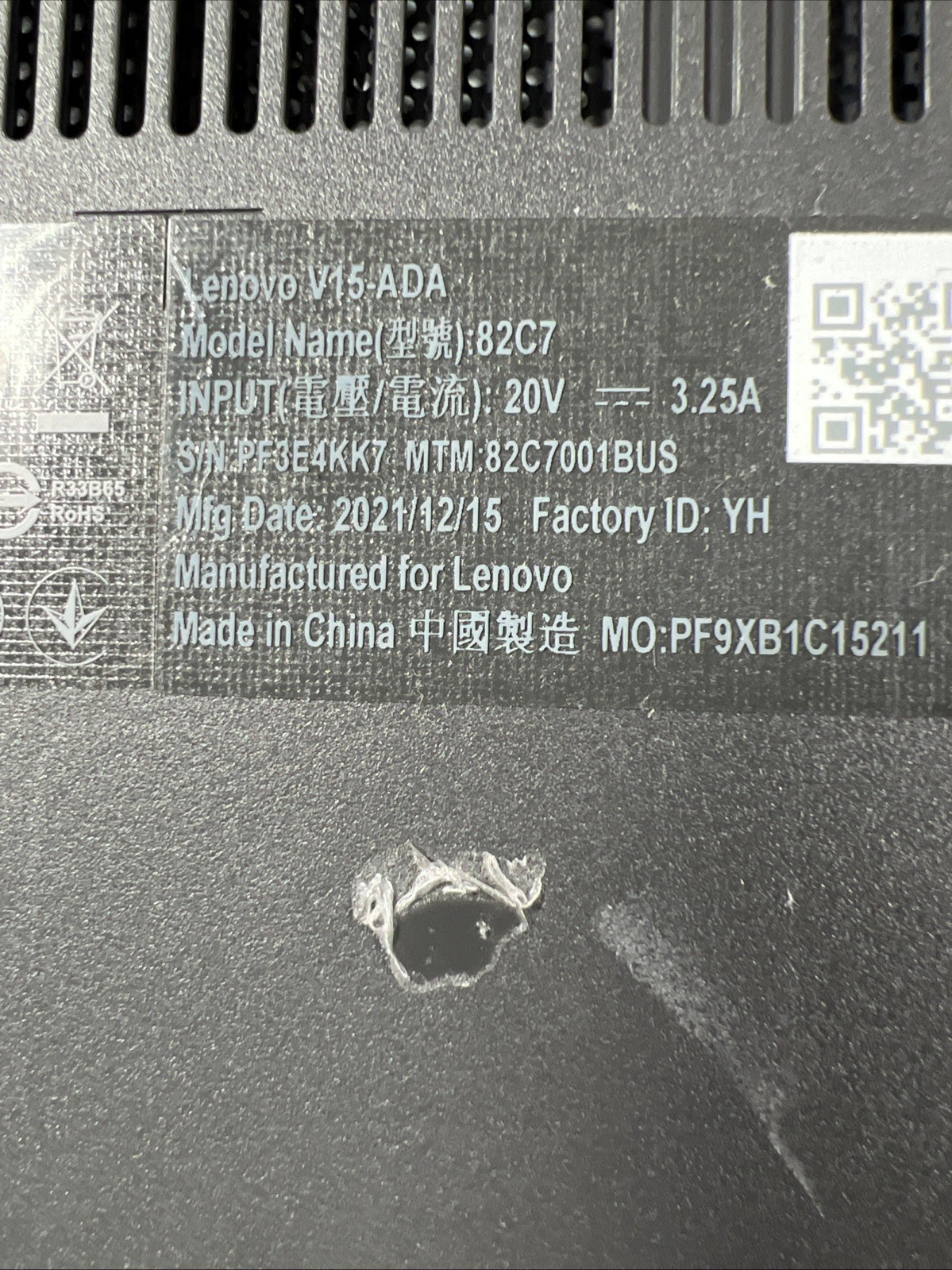 LENOVO V15-ADA AMD ATHLON GOLD 3150U 8GB RAM **NO HD/ NO CADDIE/ NO OS