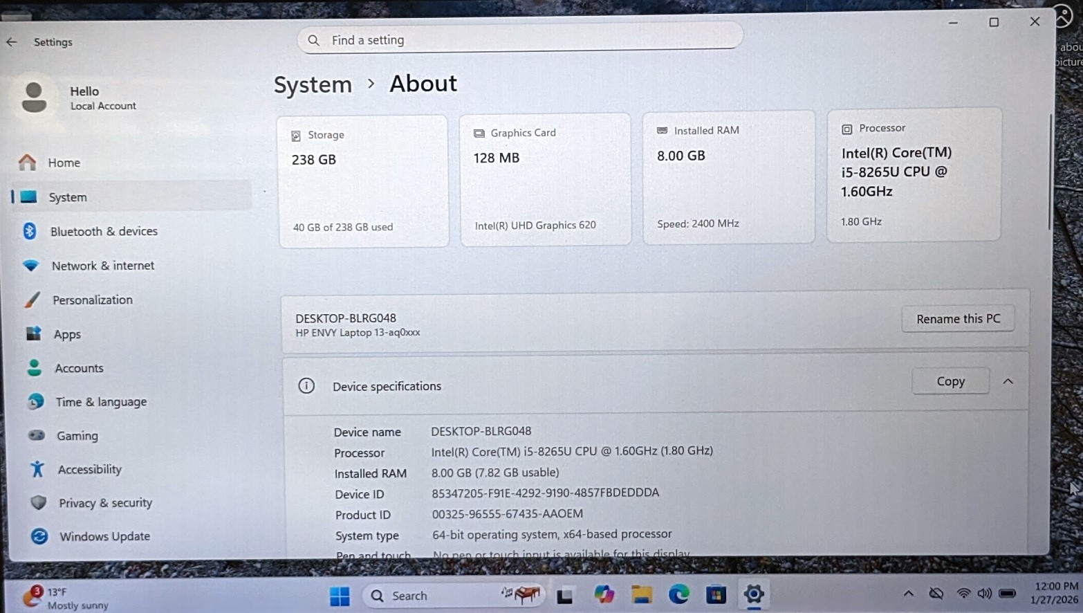 HP ENVY 13-AQ0050OD LAPTOP i5-8265U 8GB 256GB