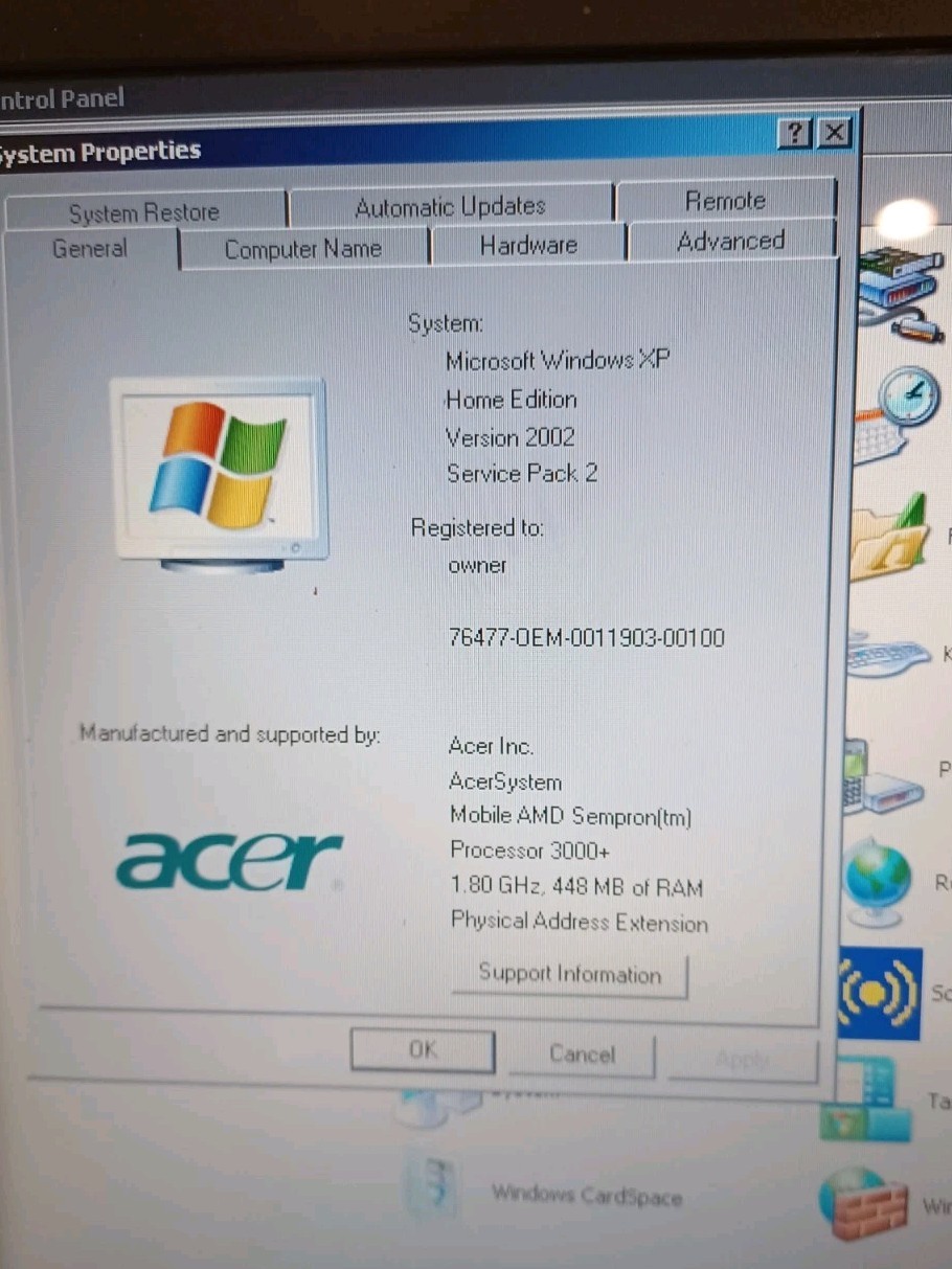 Acer Aspire 3004WLCi AMD Mobile Sempron 3100+ 1800MHz 447 MB – Works!-