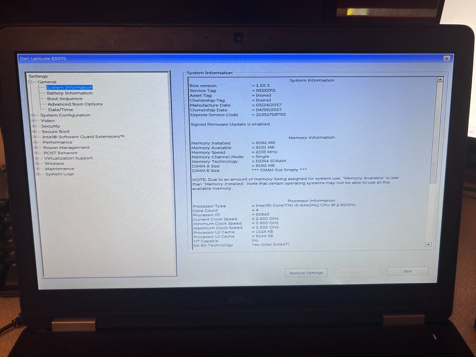Dell Latitude E5570 i5 CPU 15.6″ Display 8 GB RAM No HD No AC No WiFi Quick Ship