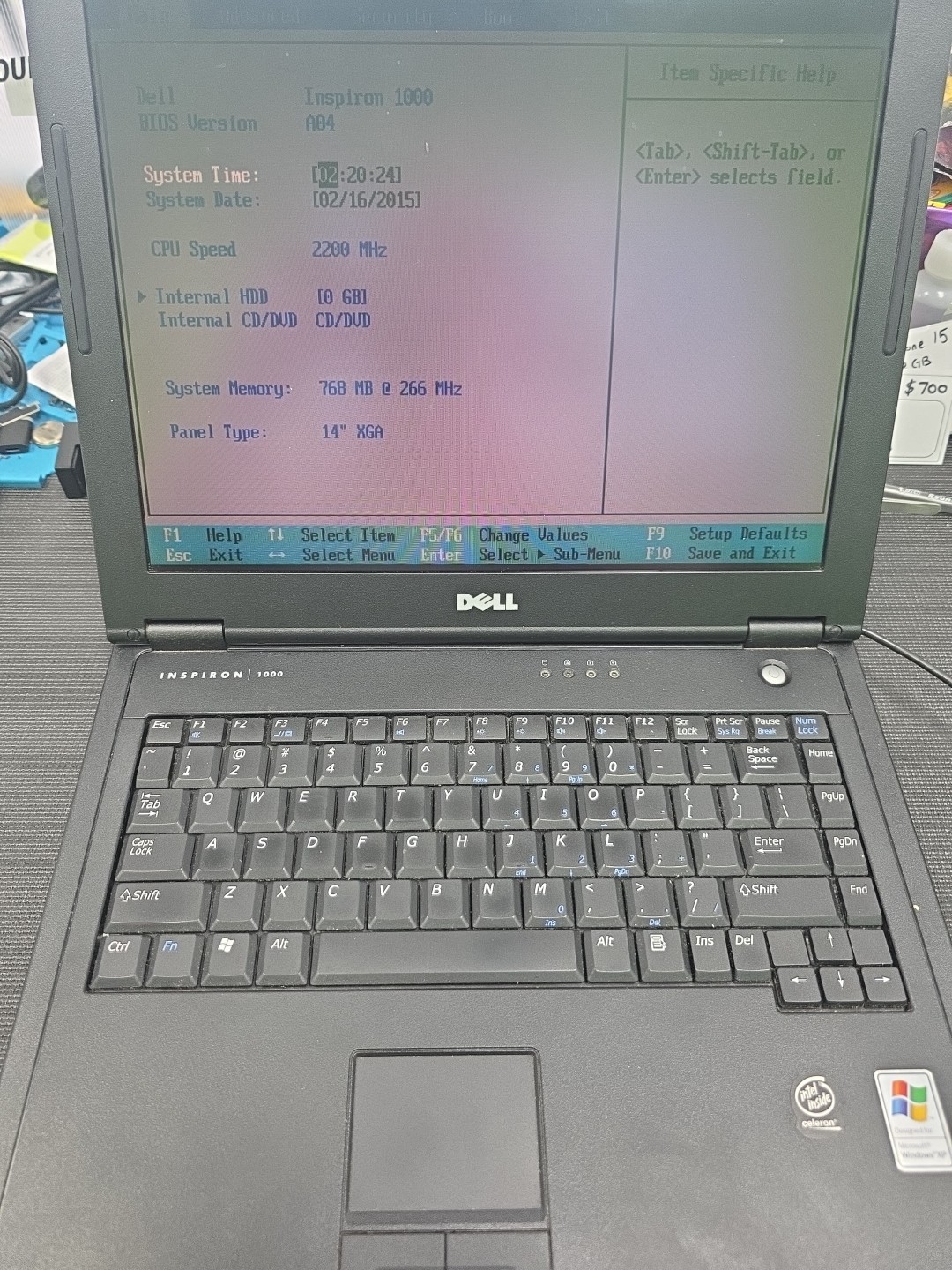 DELL INSPIRON 1000 – BOOTS TO BIOS – INTEL CELERON 2.2MHZ – 256MB RAM – READ -BB