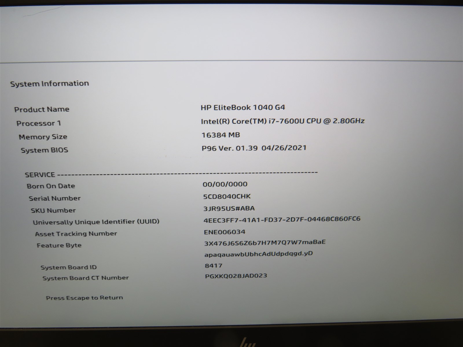 HP Elitebook 1040 G4 Laptop Intel Core i7-7600U@2.8GHz 16GB RAM *BIOS LOCKED*